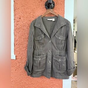 DKNY Womens Cargo Khaki Trench Jacket Longsleeve Utility Button Coat Size Medium
